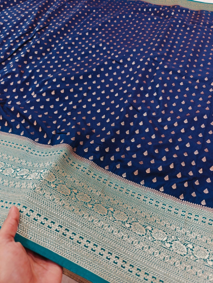 NAVY BLUE  KHADDI GEORGETTE WITH SEA GREEN BORDER