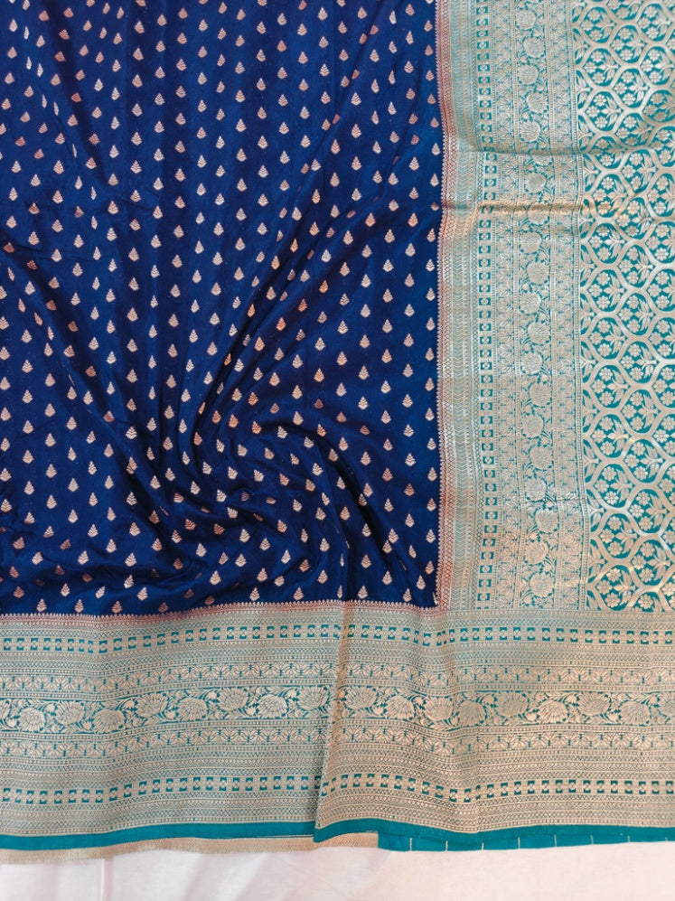 NAVY BLUE  KHADDI GEORGETTE WITH SEA GREEN BORDER