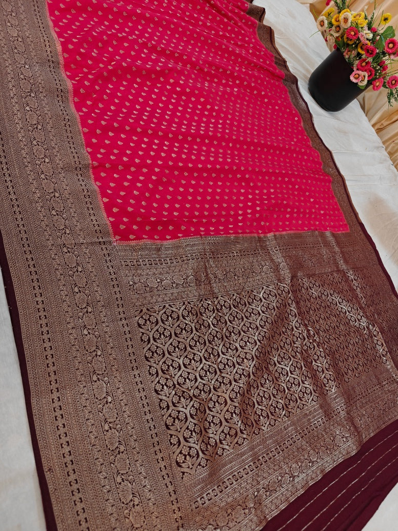 CHERRY RED KHADDI GEORGETTE WITH GARNET BORDER