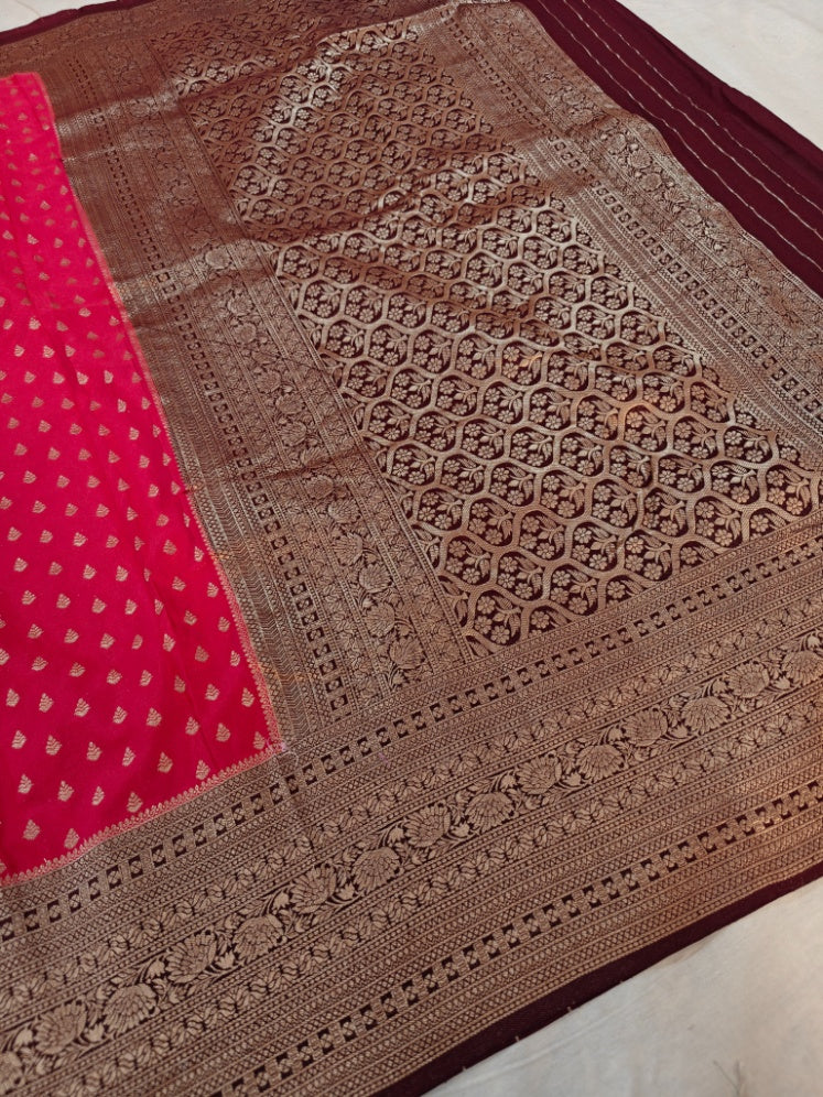 CHERRY RED KHADDI GEORGETTE WITH GARNET BORDER
