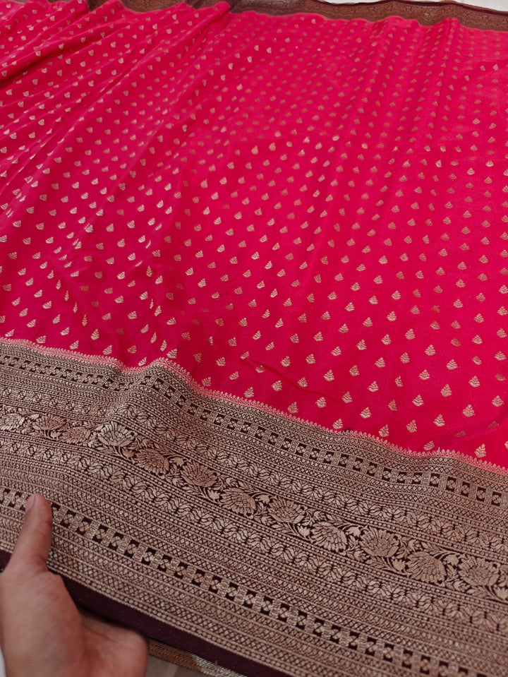 CHERRY RED KHADDI GEORGETTE WITH GARNET BORDER