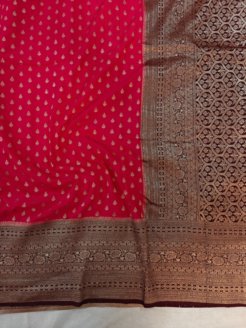 CHERRY RED KHADDI GEORGETTE WITH GARNET BORDER