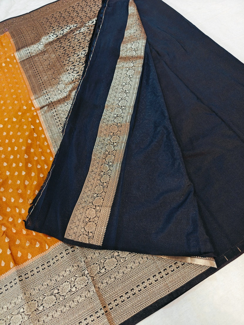 MUSTARD WITH NAVY BLUE BORDER KHADDI GEORGETTE