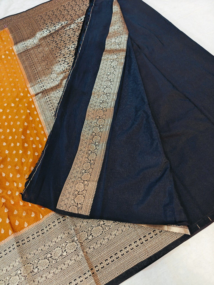 MUSTARD WITH NAVY BLUE BORDER KHADDI GEORGETTE