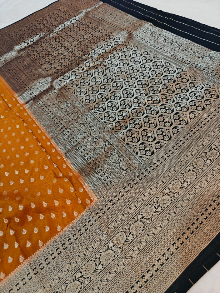 MUSTARD WITH NAVY BLUE BORDER KHADDI GEORGETTE