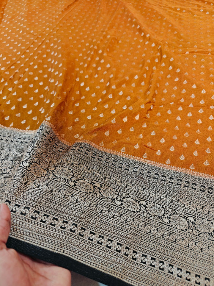 MUSTARD WITH NAVY BLUE BORDER KHADDI GEORGETTE