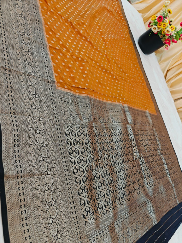 MUSTARD WITH NAVY BLUE BORDER KHADDI GEORGETTE