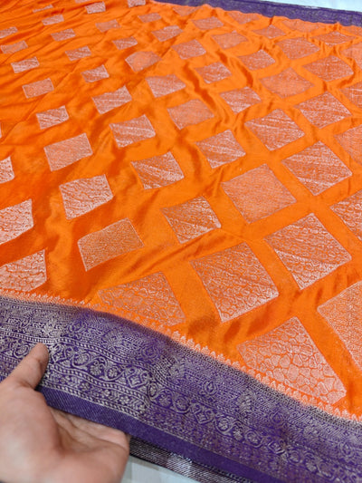 TANGY ORANGE CHINON CREPE GEORGETTE WITH VIOLET BORDER