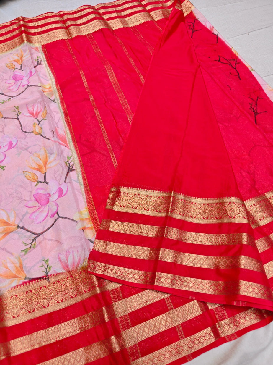 BRIGHT RED COLOUR BORDER WITH BABY PINK BODY DIGITAL PRINT