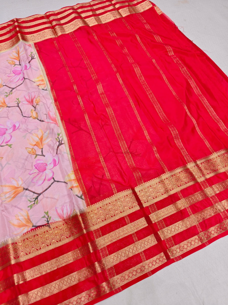 BRIGHT RED COLOUR BORDER WITH BABY PINK BODY DIGITAL PRINT