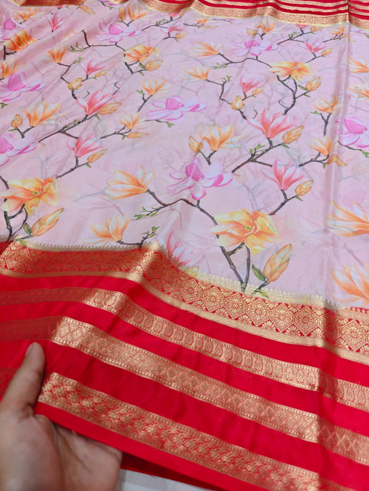 BRIGHT RED COLOUR BORDER WITH BABY PINK BODY DIGITAL PRINT