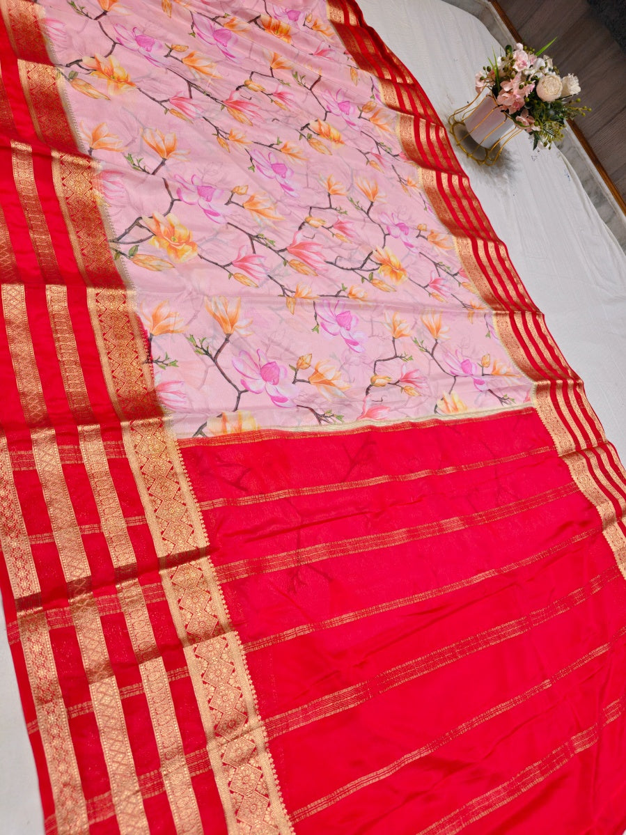 BRIGHT RED COLOUR BORDER WITH BABY PINK BODY DIGITAL PRINT