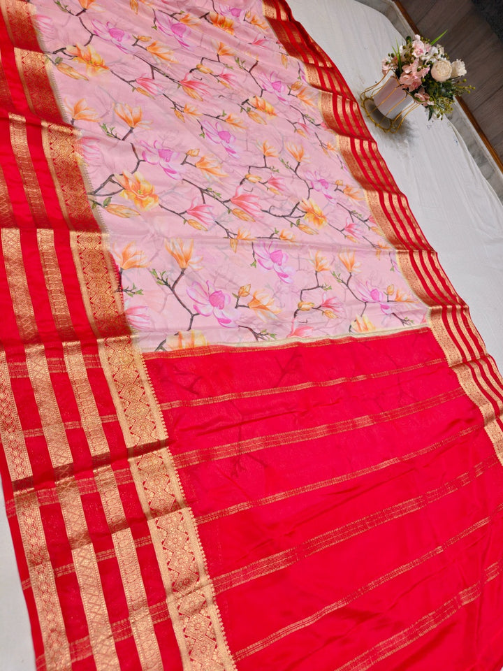 BRIGHT RED COLOUR BORDER WITH BABY PINK BODY DIGITAL PRINT