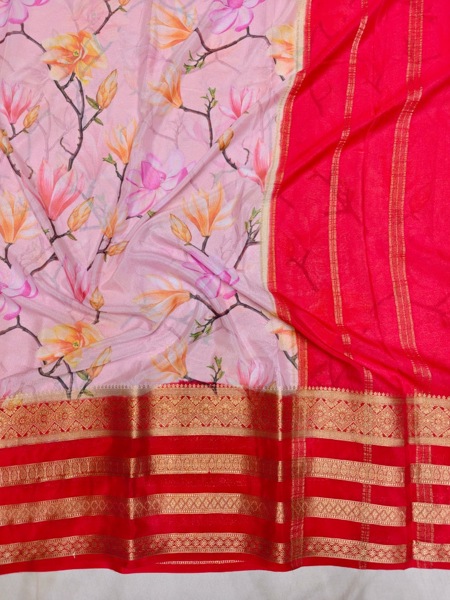 BRIGHT RED COLOUR BORDER WITH BABY PINK BODY DIGITAL PRINT