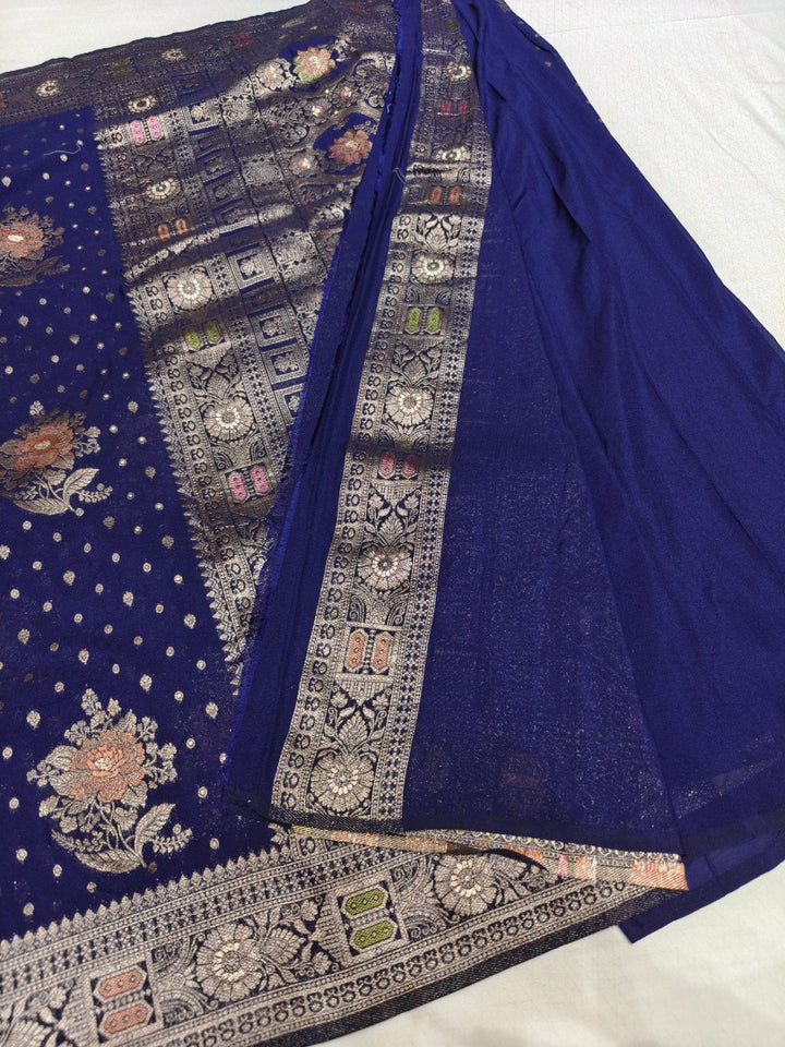 KHADDI GEORGETTE PANCHRANG BOOTA WITH NAVY BLUE