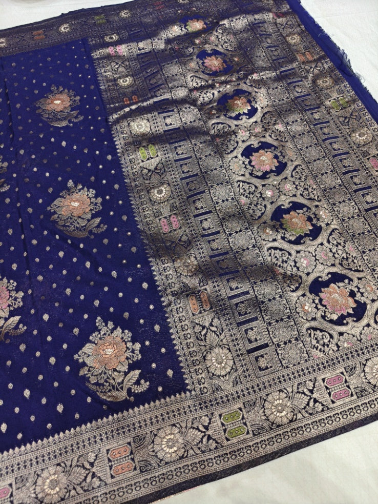 KHADDI GEORGETTE PANCHRANG BOOTA WITH NAVY BLUE