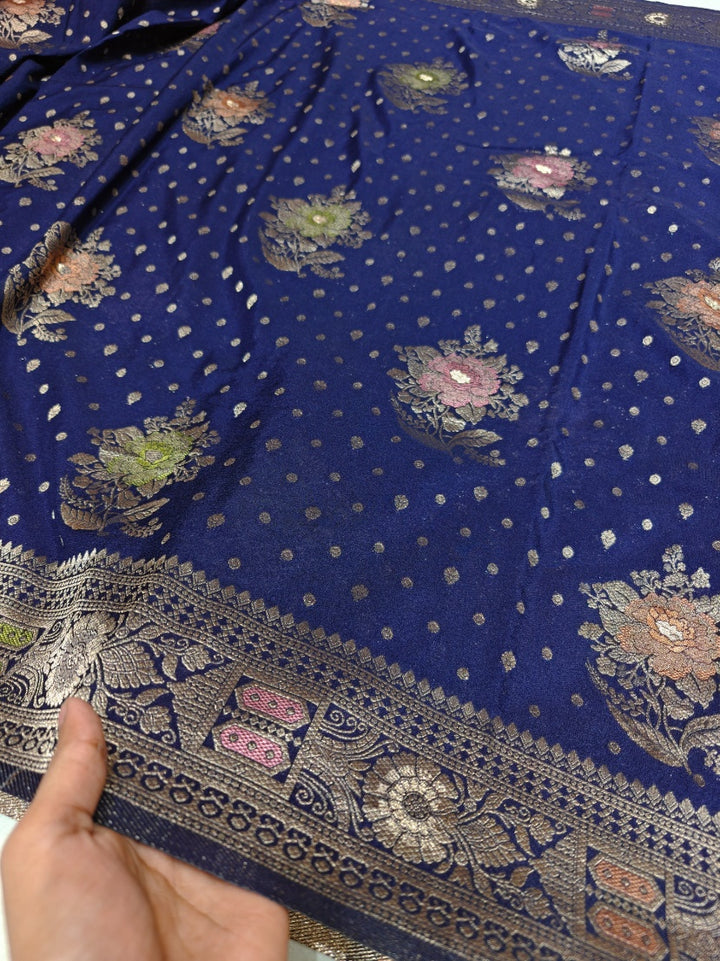 KHADDI GEORGETTE PANCHRANG BOOTA WITH NAVY BLUE