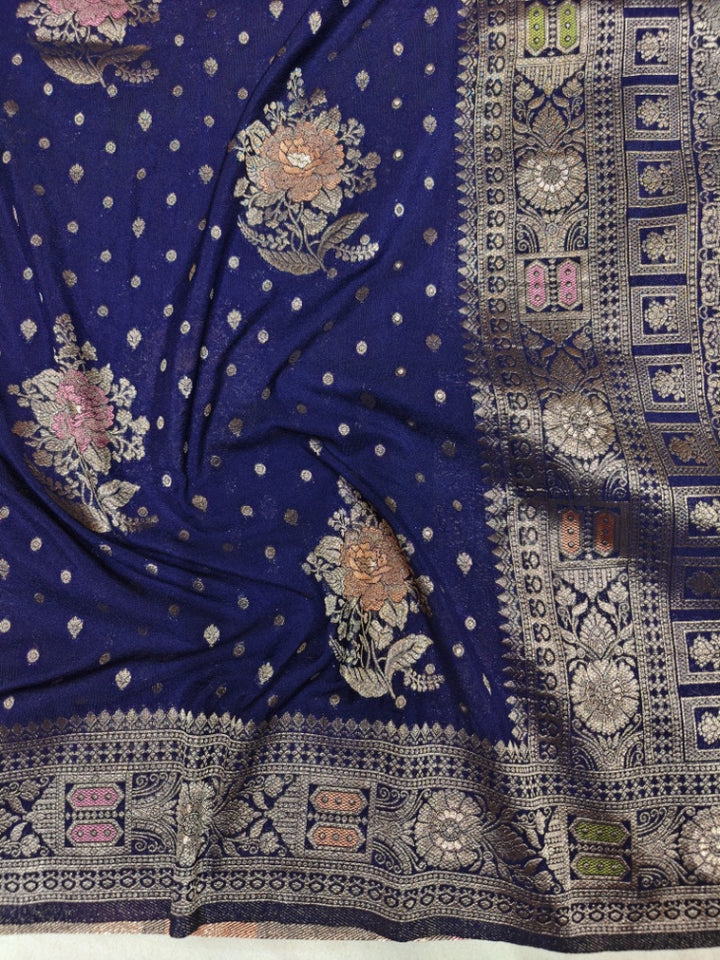 KHADDI GEORGETTE PANCHRANG BOOTA WITH NAVY BLUE