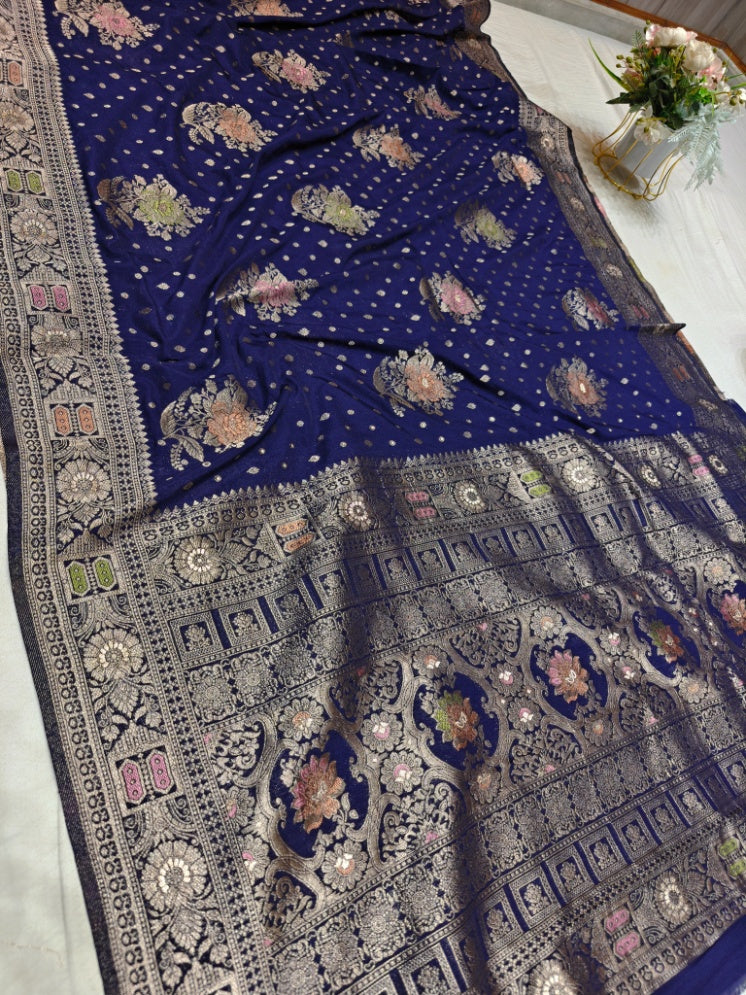 KHADDI GEORGETTE PANCHRANG BOOTA WITH NAVY BLUE