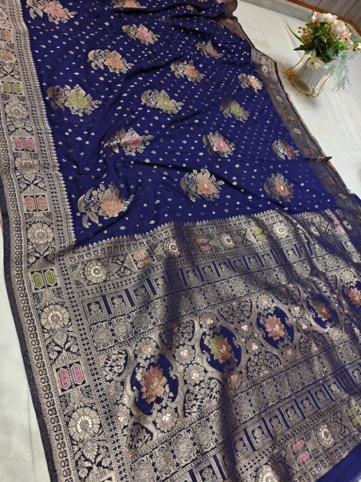 KHADDI GEORGETTE PANCHRANG BOOTA WITH NAVY BLUE