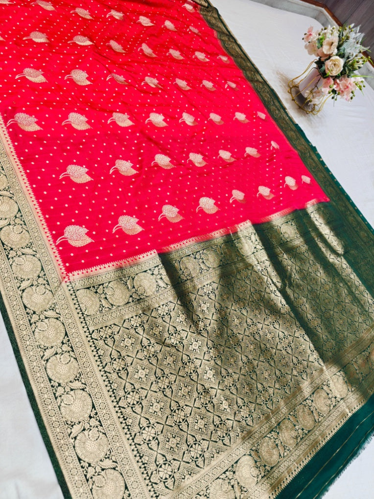 RED COLOUR KHADDI GEORGETTE WITH BOTTLE GREEN BORDER