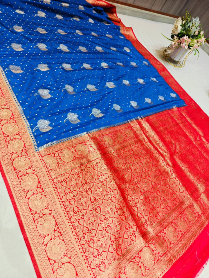 ROYAL BLUE KHADDI GEORGETTE WITH RED BORDER