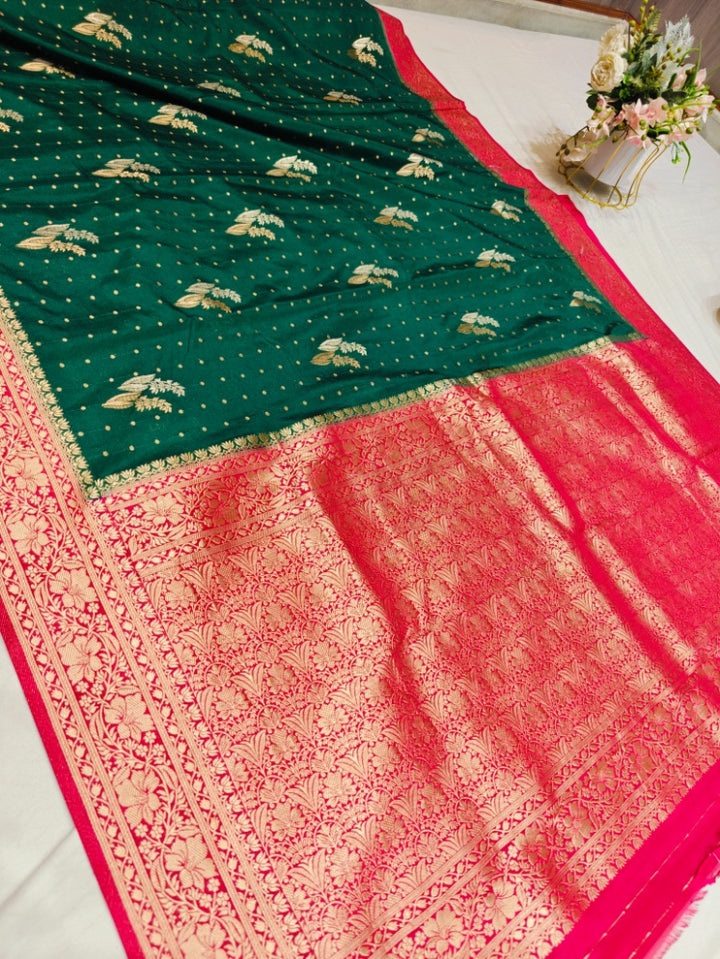 BOTTLE GREEN KHADDI GEORGETTE WITH RANI BORDER