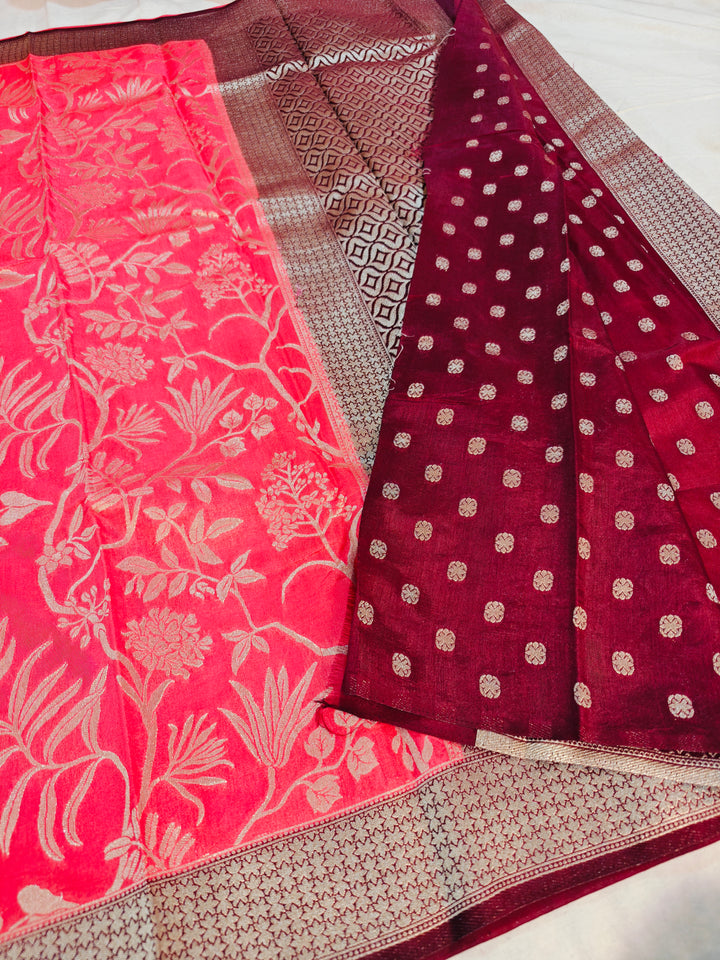 PINK COLOUR KHADDI GEORGETTE FLORAL JAALDAAR PATTERN WITH GARNET BORDER