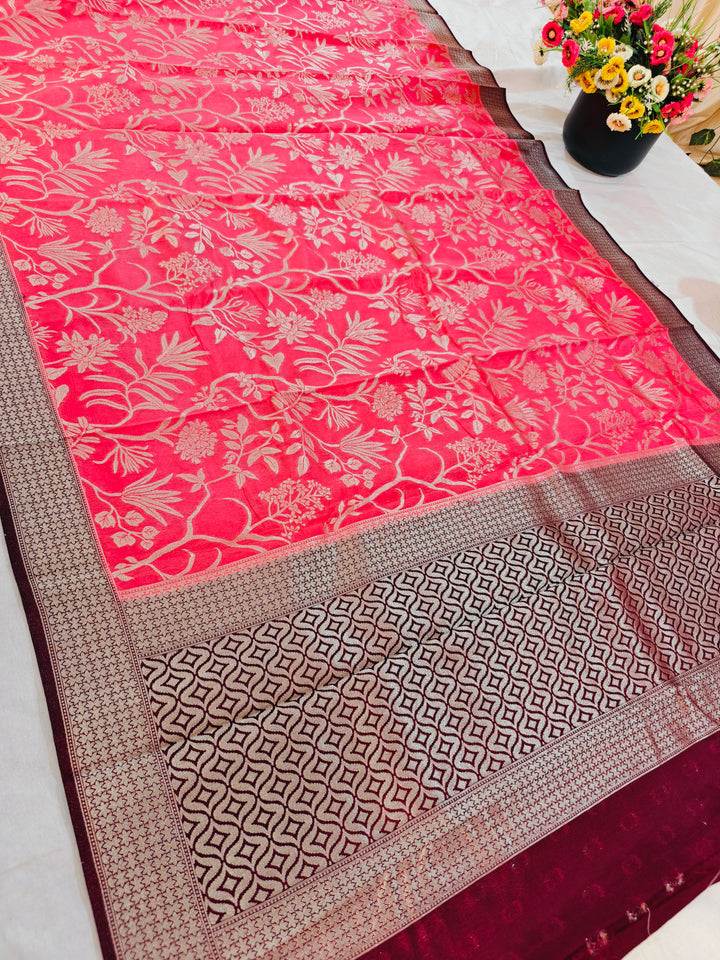 PINK COLOUR KHADDI GEORGETTE FLORAL JAALDAAR PATTERN WITH GARNET BORDER