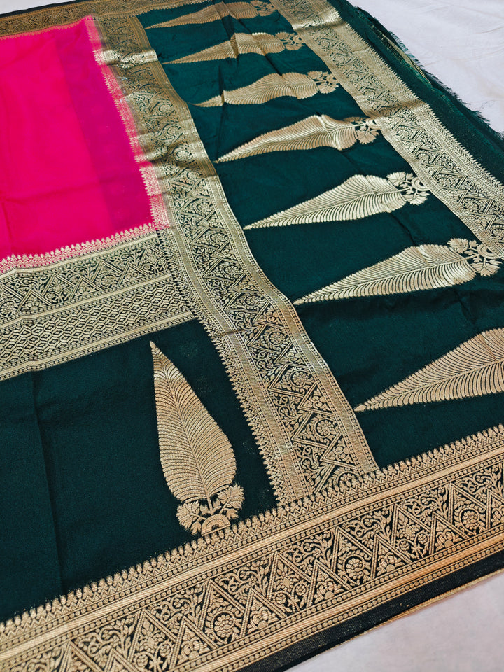 VIBRANT PINK KHADDI GEORGETTE WITH KAIRI BOOTA ON BLACK BORDER