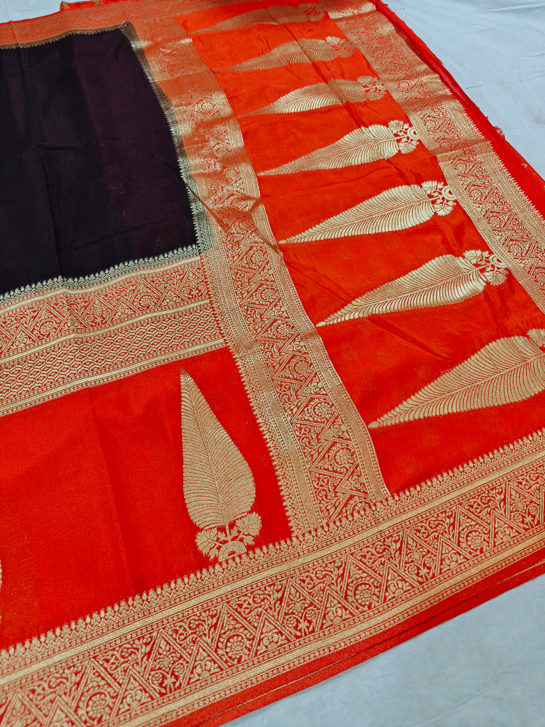 DARK BROWN KHADDI GEORGETTE WITH KAIRI BOOTA ON VIBRANT RED