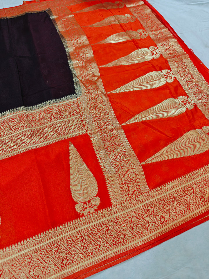 DARK BROWN KHADDI GEORGETTE WITH KAIRI BOOTA ON VIBRANT RED