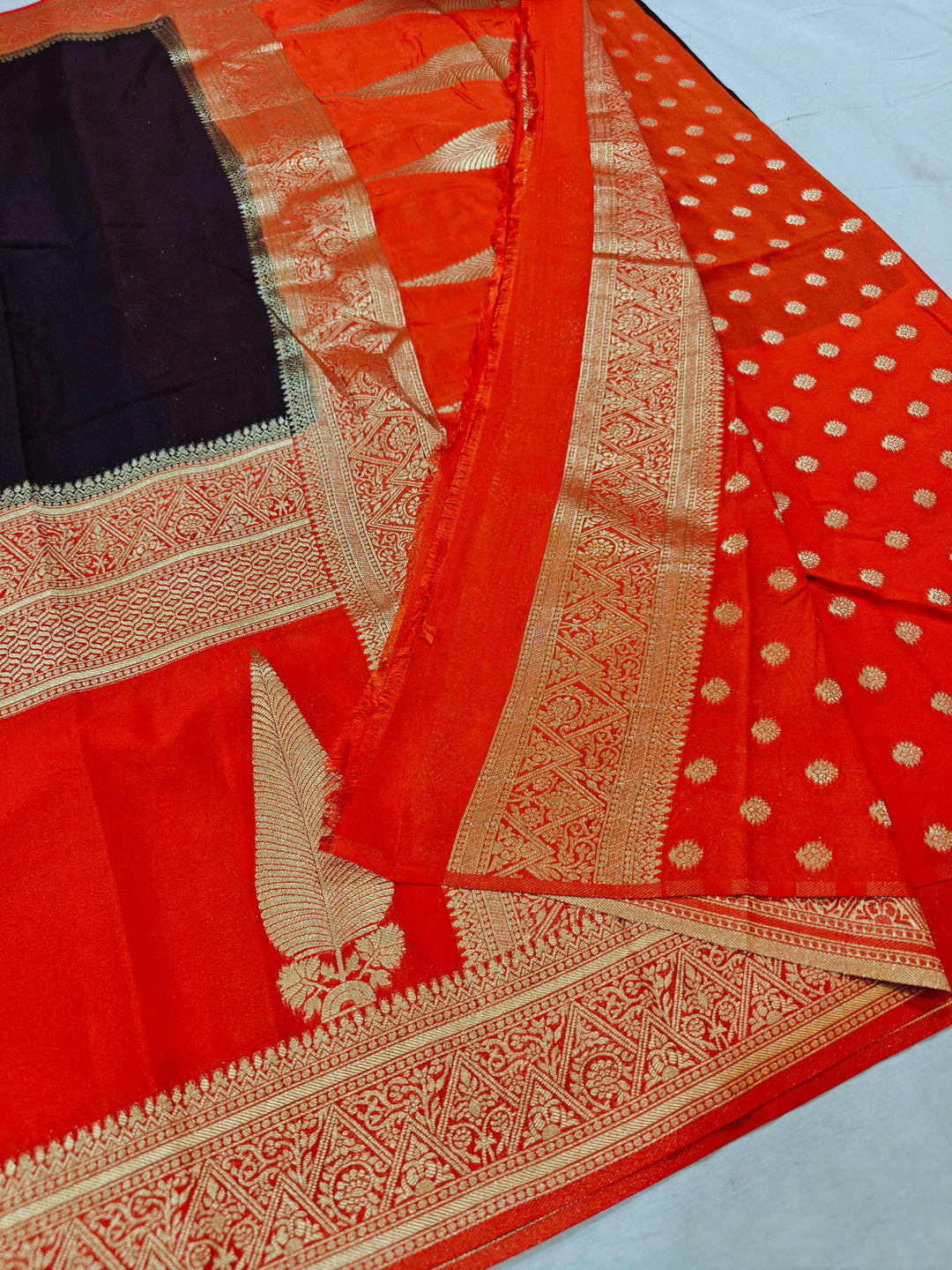 DARK BROWN KHADDI GEORGETTE WITH KAIRI BOOTA ON VIBRANT RED