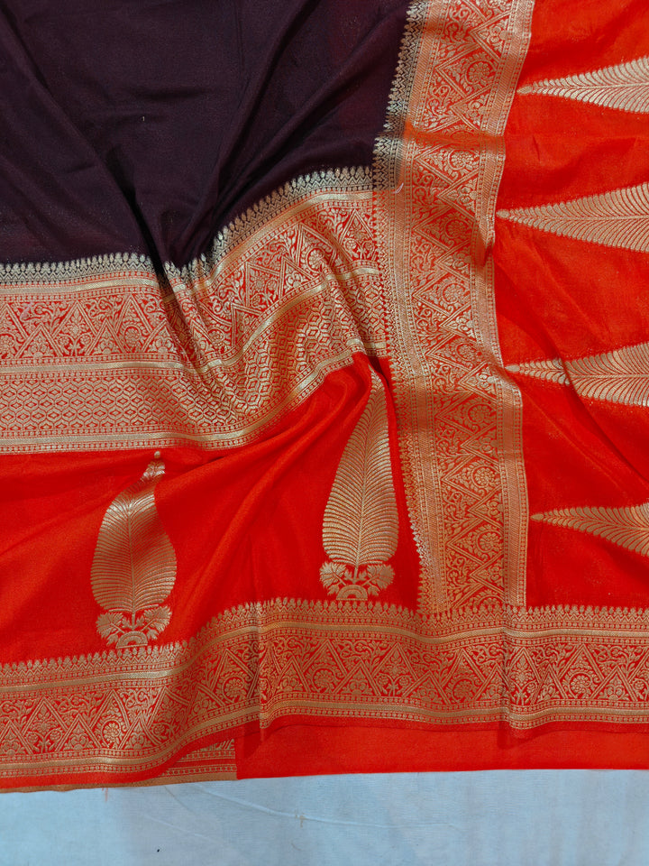 DARK BROWN KHADDI GEORGETTE WITH KAIRI BOOTA ON VIBRANT RED
