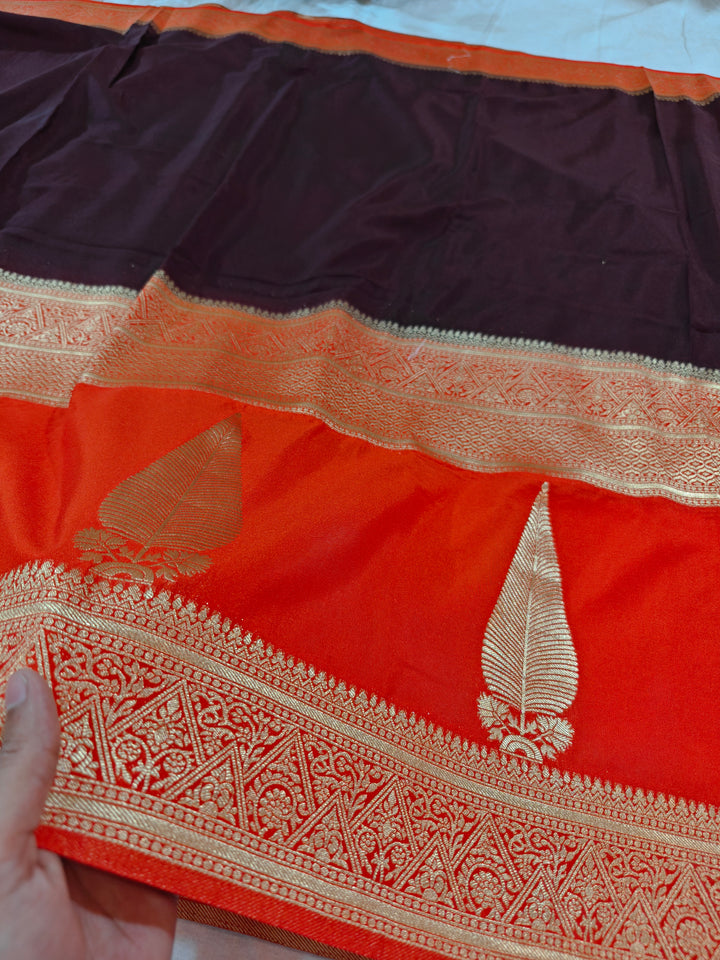 DARK BROWN KHADDI GEORGETTE WITH KAIRI BOOTA ON VIBRANT RED