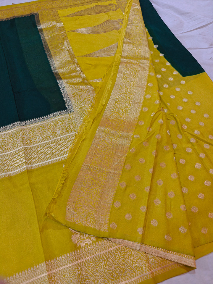 BOTTLE GREEN KHADDI GEORGETTE WITH KAIRI BOOTA ON GOLD BORDER