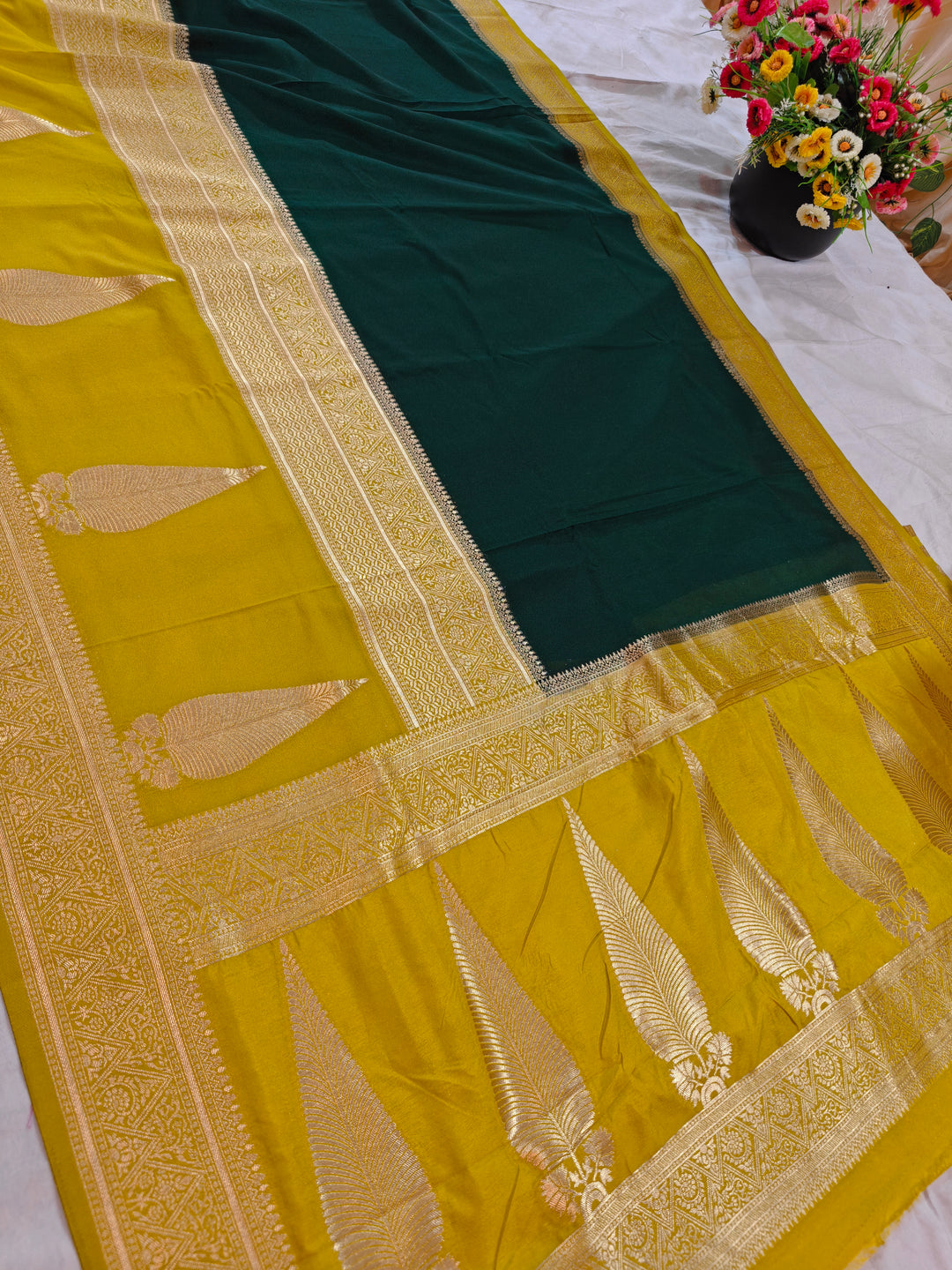 BOTTLE GREEN KHADDI GEORGETTE WITH KAIRI BOOTA ON GOLD BORDER