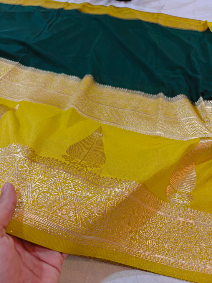 BOTTLE GREEN KHADDI GEORGETTE WITH KAIRI BOOTA ON GOLD BORDER