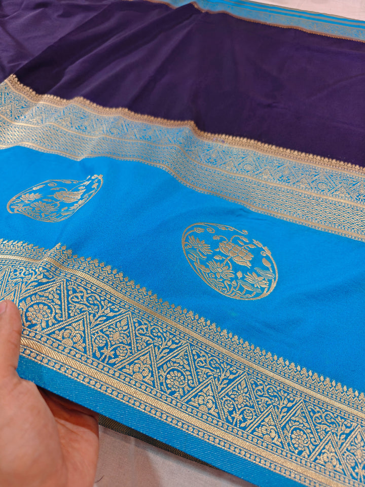 NAVY BLUE GHADDI GEORGETTE WITH SKY BLUE BORDER