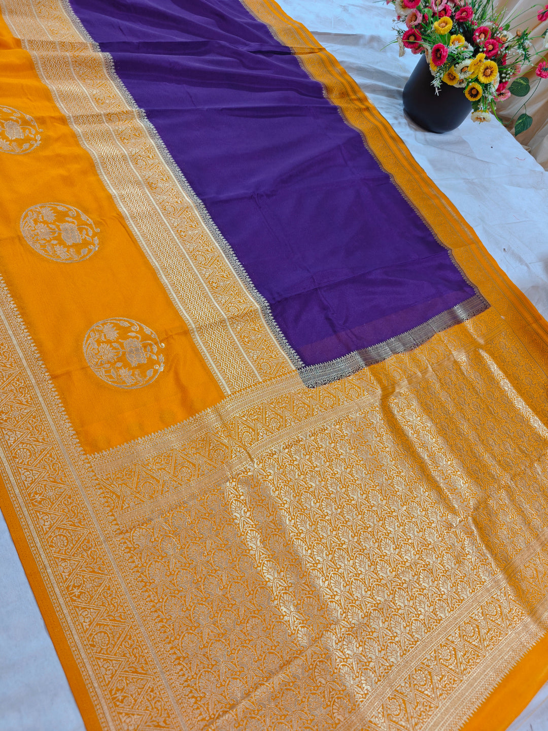 INDIGO KHADDI GEORGETTE WITH MUSTARD GOLD BORDER