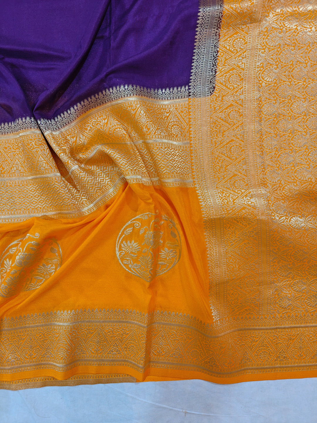 INDIGO KHADDI GEORGETTE WITH MUSTARD GOLD BORDER