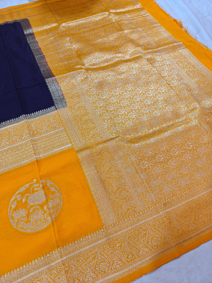 NAVY BLUE KHADDI GEORGETTE WITH GOLD BORDER