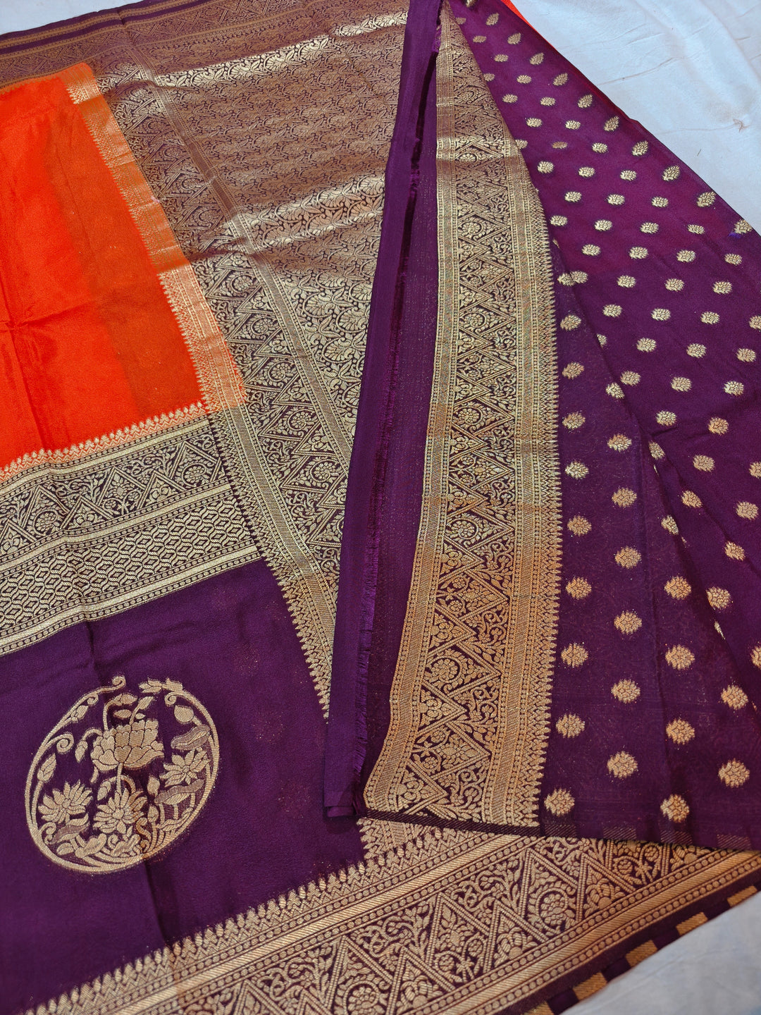 TANGY ORANGE KHADDI GEORGETTE WITH INDIGO BORDER