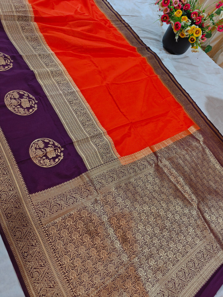 TANGY ORANGE KHADDI GEORGETTE WITH INDIGO BORDER