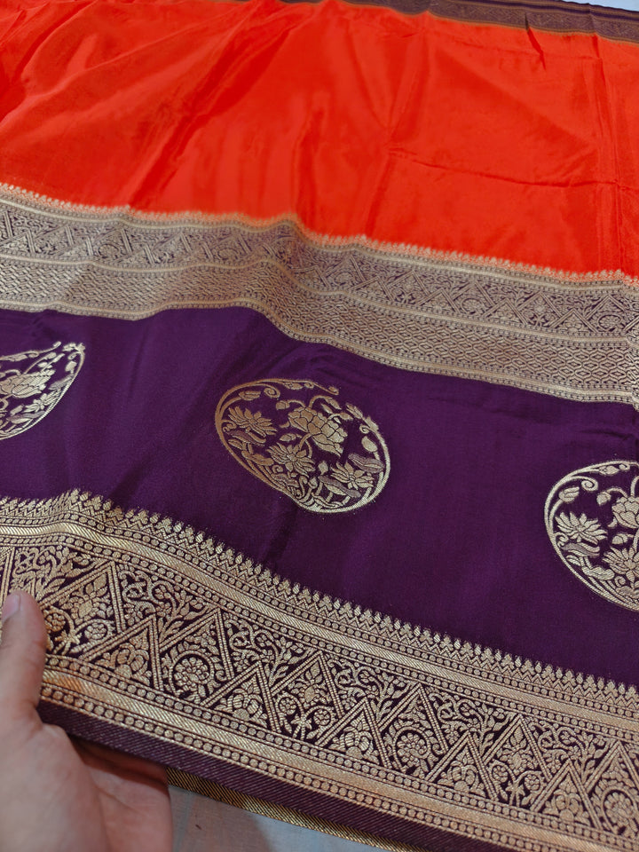 TANGY ORANGE KHADDI GEORGETTE WITH INDIGO BORDER