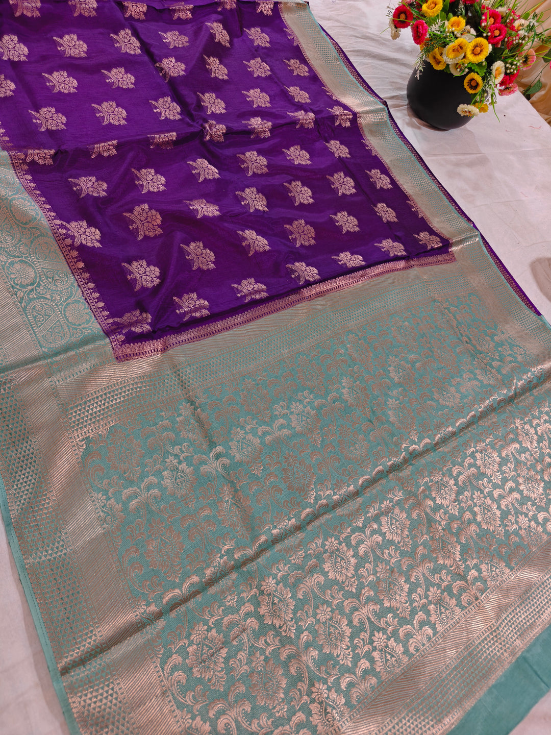 PURPLE RUSSIAN SILK WITH SEA GREEN BORDER