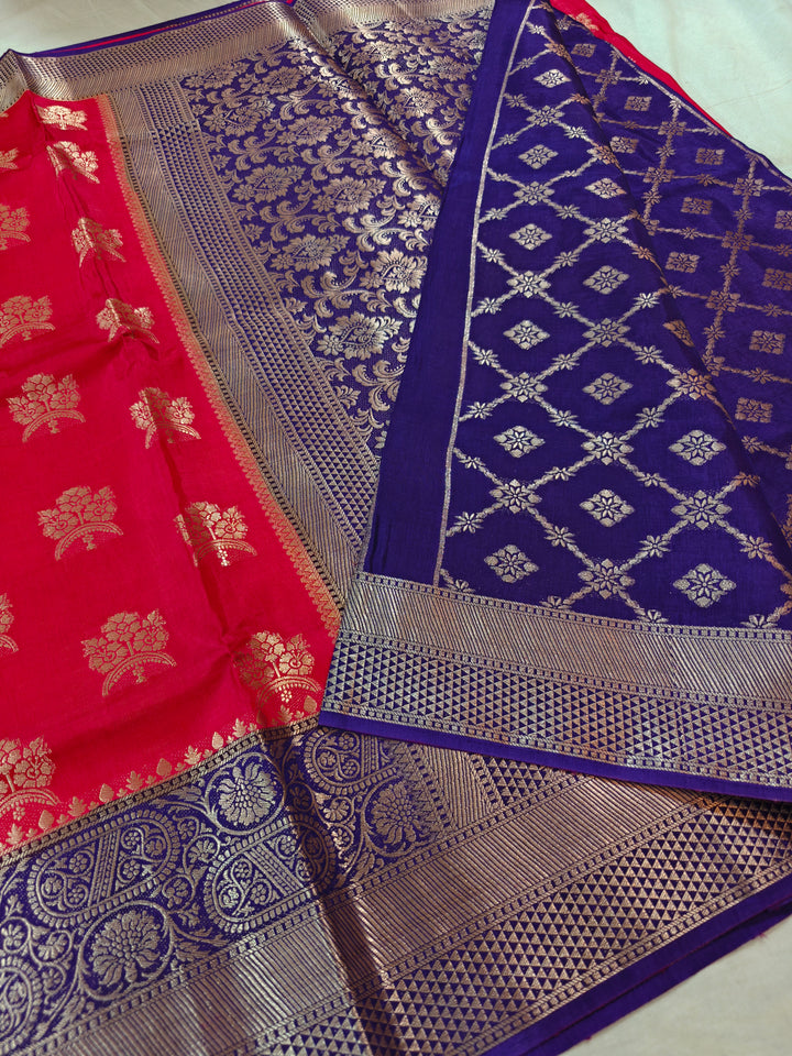 RED RUSSIAN SILK WITH NAVY BLUE BORDER