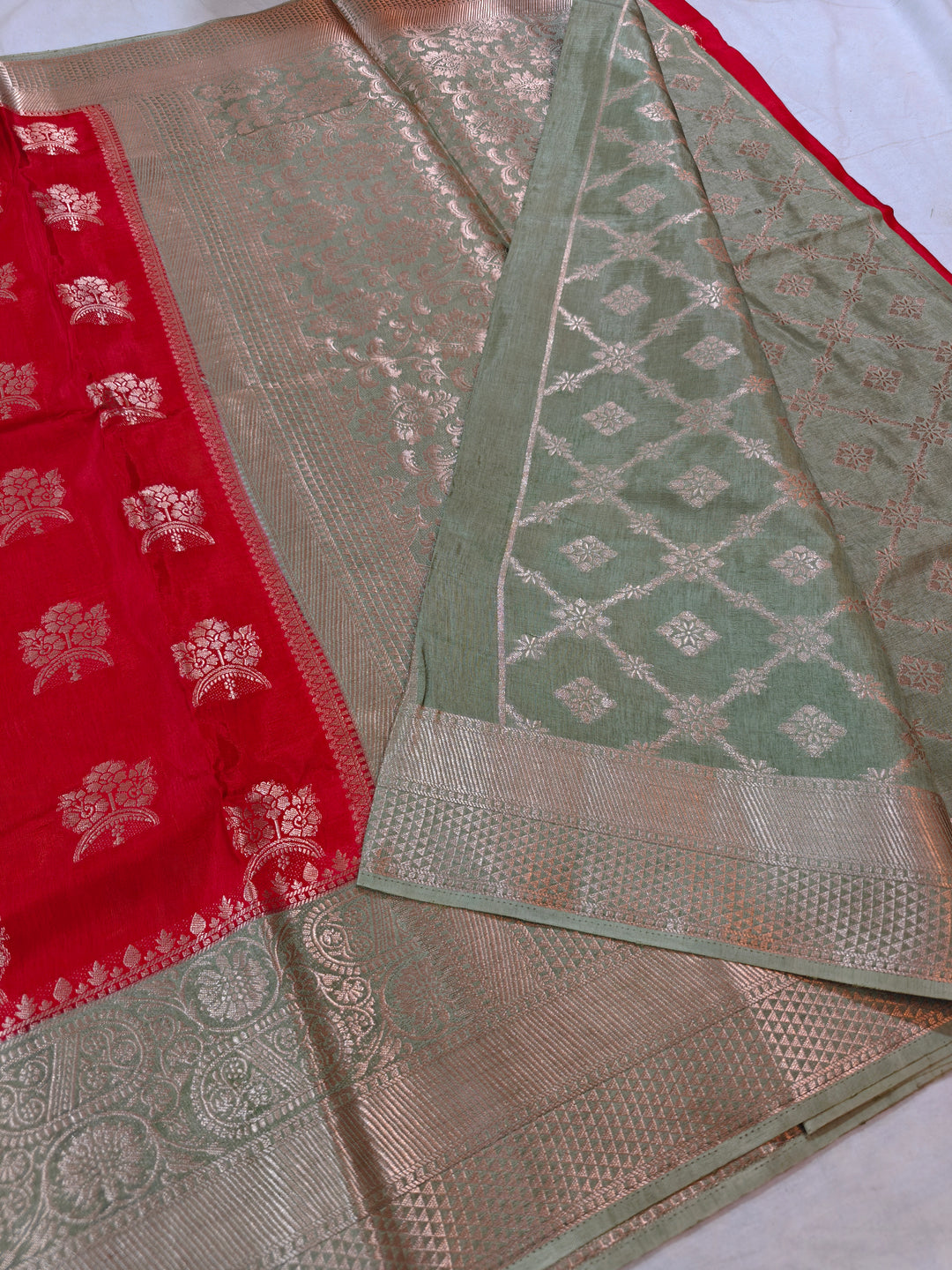 BRIGHT RED RUSSIAN SILK WITH LIME GREEN BORDER