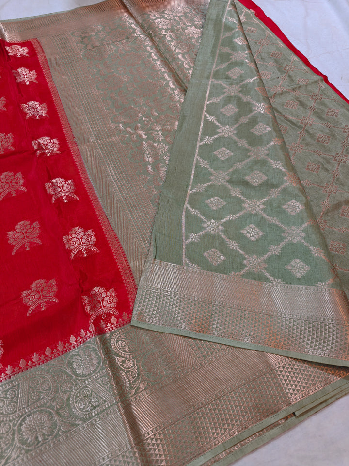 BRIGHT RED RUSSIAN SILK WITH LIME GREEN BORDER