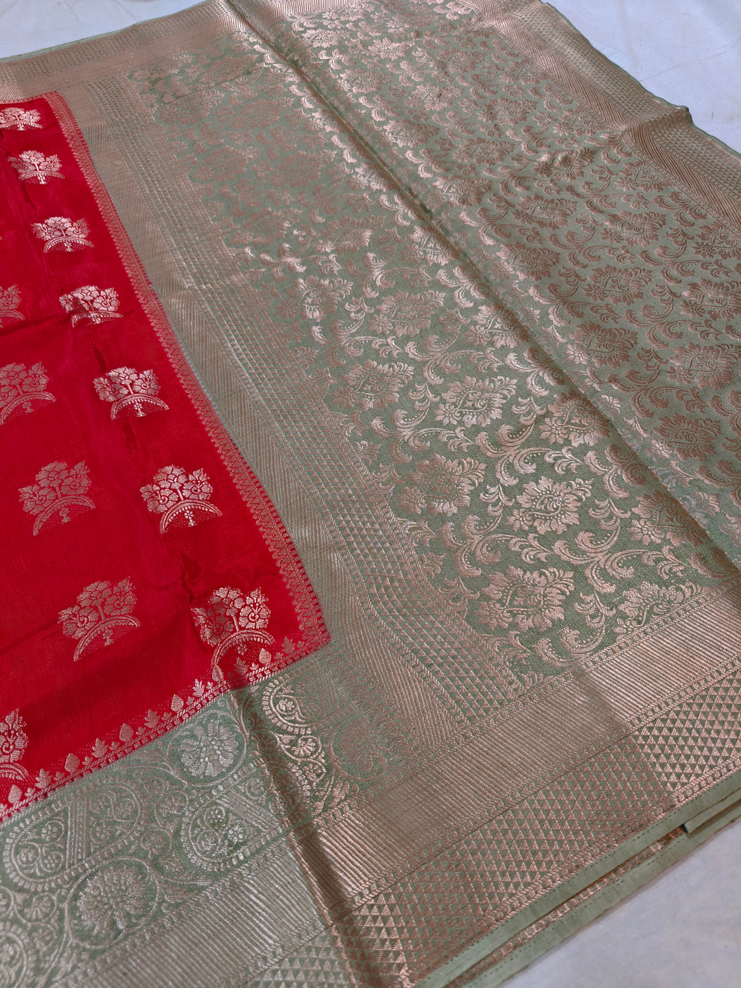 BRIGHT RED RUSSIAN SILK WITH LIME GREEN BORDER